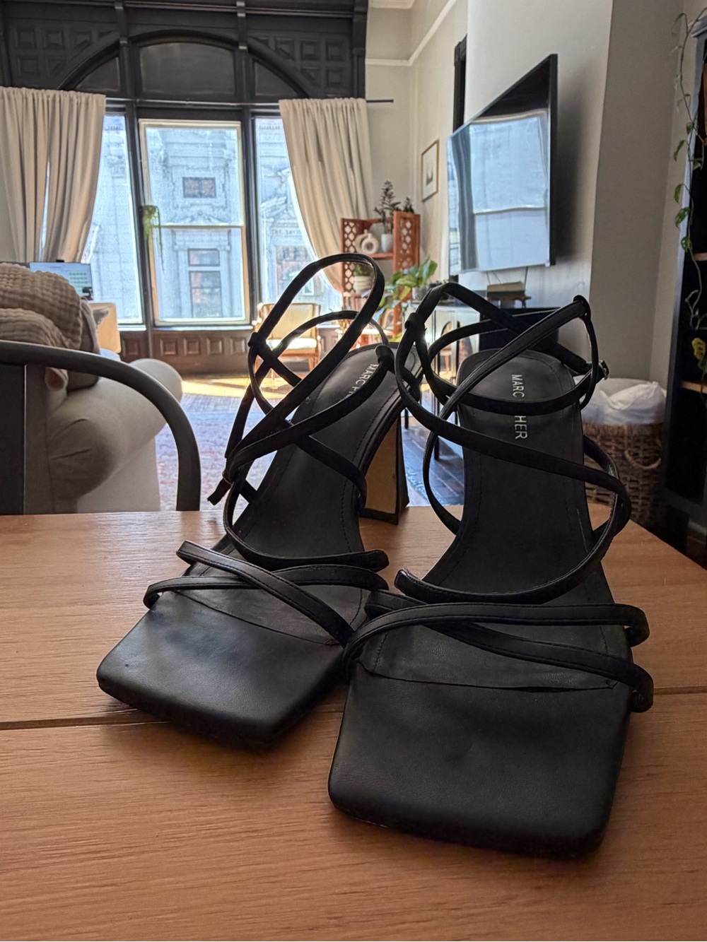 Marc Fisher Black Strappy Square-Toe High Heel Sandals